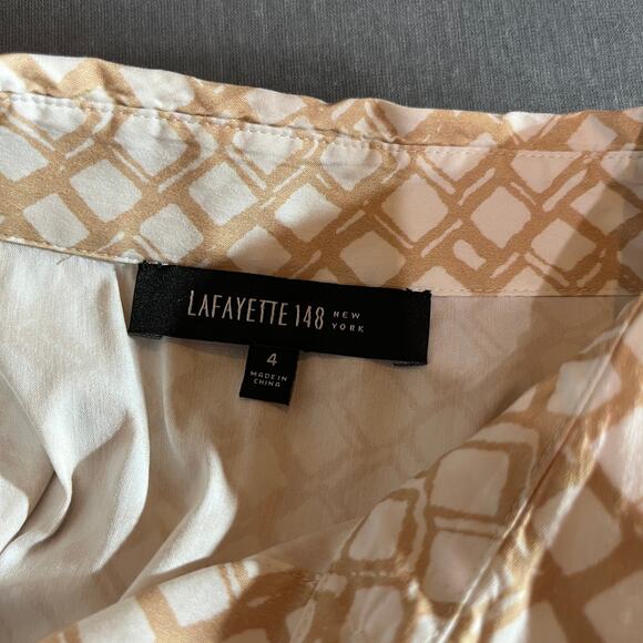 Lafayette 148 Shirt Womens 4 Beige Tan Geometric‎ Button Up Long Sleeves Casual - Picture 5 of 8